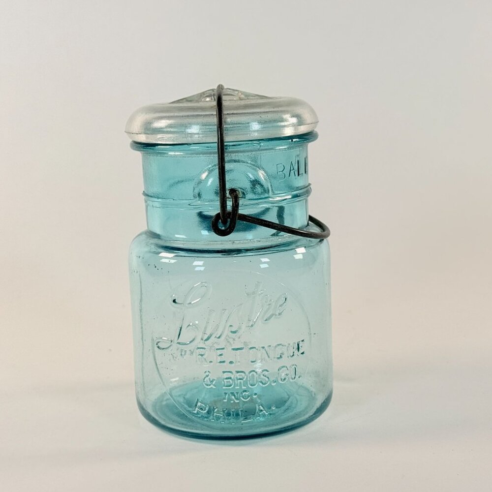 Antique Lustre Mason Jar R.E. Tongue & Bros Co Philadelphia PA Aqua Glass 1908